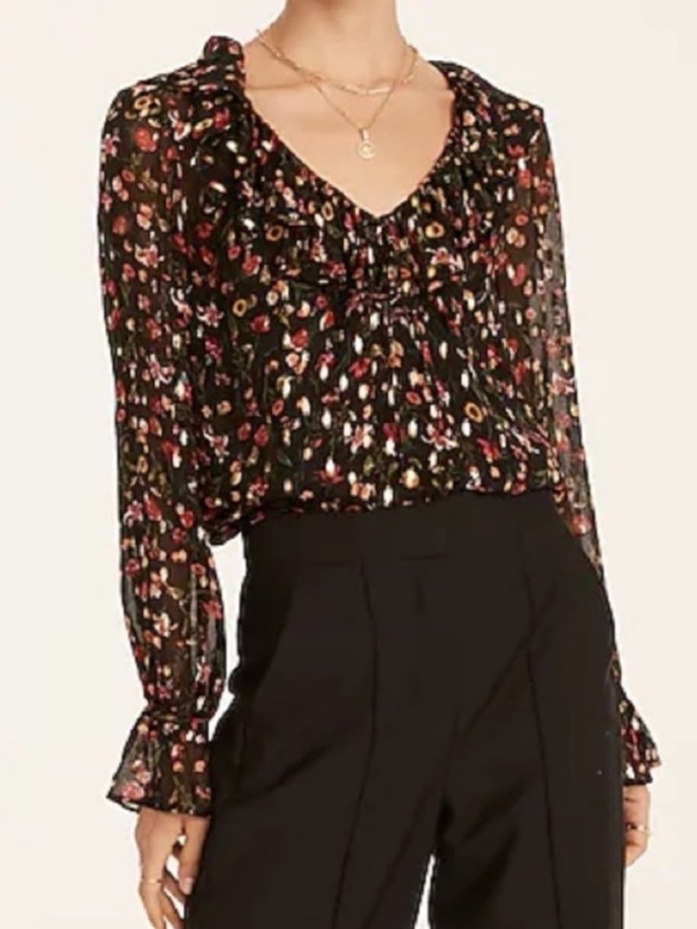 NWT J. Crew Floral Gold Metallic Blouse Ruffle V-Neck Sheer Lined Holidays Small